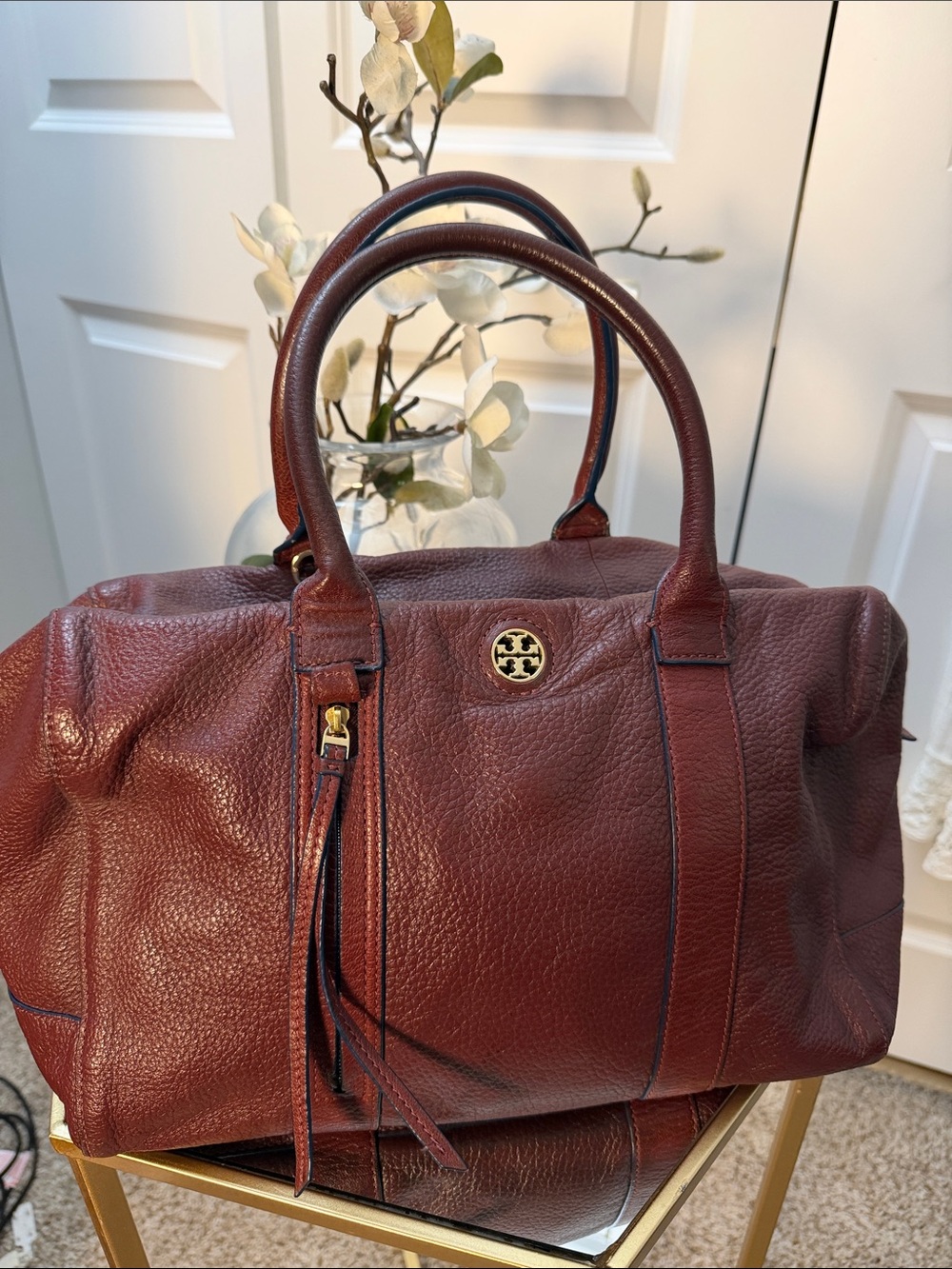 Tory Burch Burgundy oxblood  Pebbled Leather slouchy Satchel with Gold Logo